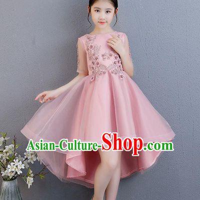 Top Grade Catwalks Pink Short Full Dress Children Birthday Costume Stage Show Girls Compere Lace Dress