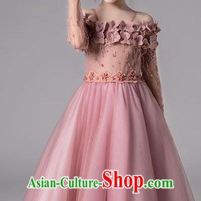 Top Grade Catwalks Off Shoulder Full Dress Children Birthday Costume Stage Show Girls Compere Deep Pink Veil Dress