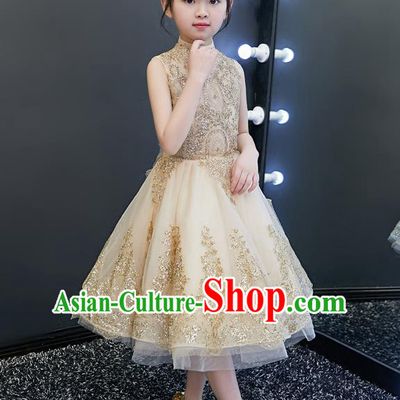 Top Grade Catwalks Light Yellow Full Dress Children Birthday Costume Stage Show Girls Compere Short Bubble Dress