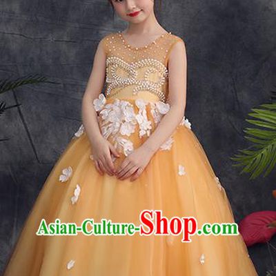 Top Grade Catwalks Yellow Full Dress Children Birthday Costume Stage Show Girls Compere Embroidered Beads Veil Dress