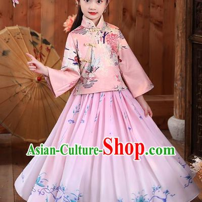 Chinese Traditional Tang Suit Printing Pink Blouse and Skirt Girl Costumes Stage Show Cheongsam Qipao Dress Apparels for Kids