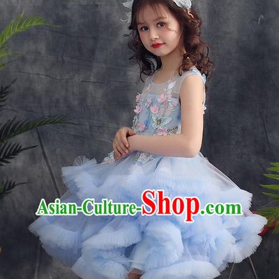 Top Grade Catwalks Flowers Fairy Blue Veil Full Dress Children Birthday Costume Stage Show Girls Compere Short Bubble Dress