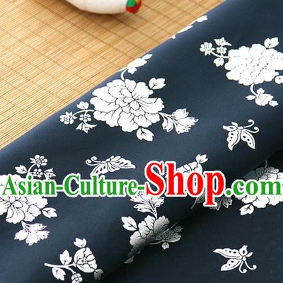 Asian Korea Classical Peony Pattern Navy Silk Fabric Korean Traditional Fashion Drapery Hanbok Material