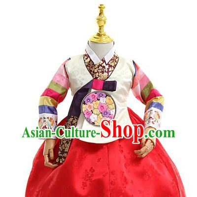 Asian Korea Traditional Embroidered White Brocade Blouse and Red Dress Children Birthday Fashion Korean Apparels Girls Hanbok Costumes