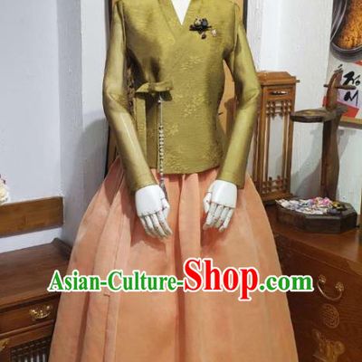 Korean Traditional Olive Green Blouse and Orange Dress Asian Korea National Fashion Costumes Hanbok Women Informal Apparels