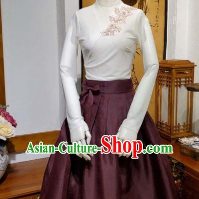 Korean Traditional Dance Blouse and Wine Red Satin Skirt Asian Korea National Fashion Costumes Women Hanbok Apparels