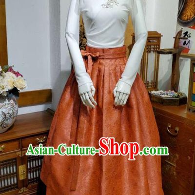 Korean Traditional Dance Blouse and Orange Satin Bust Skirt Asian Korea National Fashion Costumes Women Hanbok Apparels