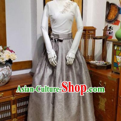 Korean Traditional Dance Blouse and Grey Satin Bust Skirt Asian Korea National Fashion Costumes Women Hanbok Apparels