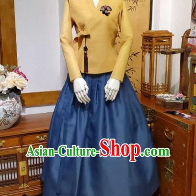 Korean Traditional Female Ginger Blouse and Navy Bust Skirt Asian Korea National Fashion Costumes Women Hanbok Apparels