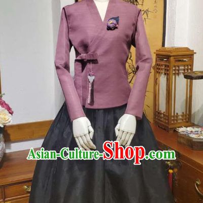 Korean Traditional Female Purple Blouse and Black Bust Skirt Asian Korea National Fashion Costumes Women Hanbok Informal Apparels
