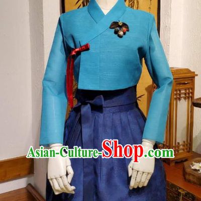 Korean Traditional Blue Top Blouse and Deep Blue Dress Asian Korea National Fashion Costumes Women Hanbok Informal Apparels