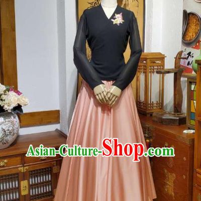 Korean Traditional Dance Training Black Veil Blouse and Pink Satin Skirt Asian Women Hanbok Informal Apparels Korea Fashion Costumes