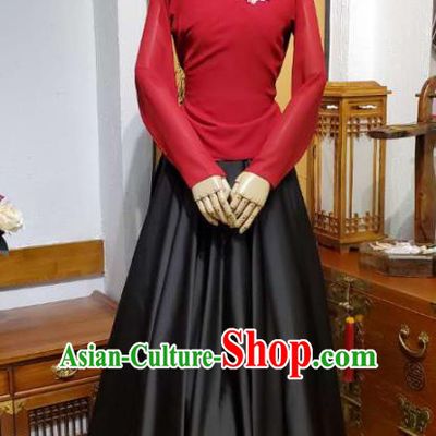 Korean Traditional Dance Training Red Veil Blouse and Black Satin Skirt Asian Women Hanbok Informal Apparels Korea Fashion Costumes