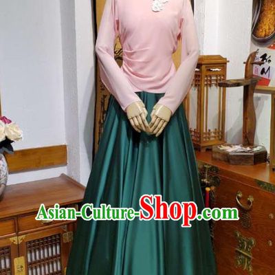 Korean Traditional Dance Training Pink Veil Blouse and Deep Green Satin Skirt Asian Women Hanbok Informal Apparels Korea Fashion Costumes