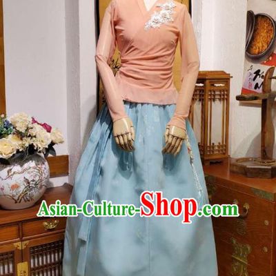 Korean Dance Training Pink Veil Blouse and Light Blue Skirt Asian Women Hanbok Informal Apparels Korea Fashion Traditional Costumes