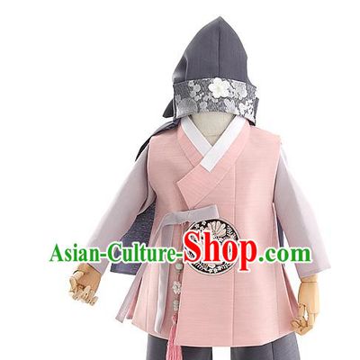 Asian Korea Kids Embroidered Pink Vest Shirt and Pants Dress Korean Boys Birthday Fashion Traditional Hanbok Apparels Costumes