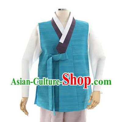 Asian Korea Men Blue Vest Shirt and Pants Dress Korean Bridegroom Fashion Traditional Wedding Hanbok Apparels Costumes