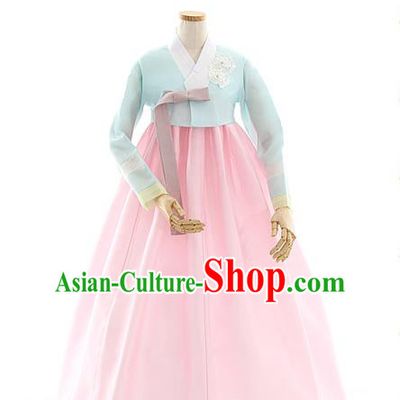 Korean Bride Light Blue Blouse and Pink Dress Korea Fashion Costumes Traditional Wedding Hanbok Apparels for Women