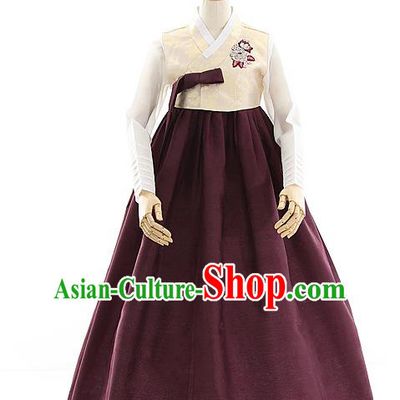 Korean Bride Beige Blouse and Wine Red Dress Korea Fashion Costumes Traditional Wedding Hanbok Festival Apparels for Women