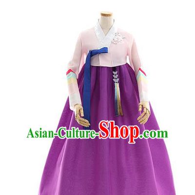 Korean Bride Light Pink Blouse and Purple Dress Korea Fashion Costumes Traditional Wedding Hanbok Festival Apparels for Women