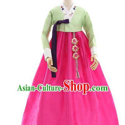 Korean Bride Green Blouse and Rosy Dress Korea Fashion Costumes Traditional Wedding Hanbok Festival Apparels for Women
