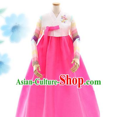 Korean Bride White Blouse and Rosy Dress Korea Fashion Costumes Traditional Festival Hanbok Apparels for Women