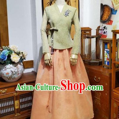 Korean Women Apparels Light Green Blouse and Orange Skirt Asian Korea Fashion Traditional Hanbok Costumes