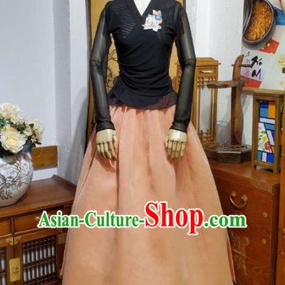Korean Women Apparels Black Veil Blouse and Orange Skirt Asian Korea Fashion Traditional Hanbok Costumes