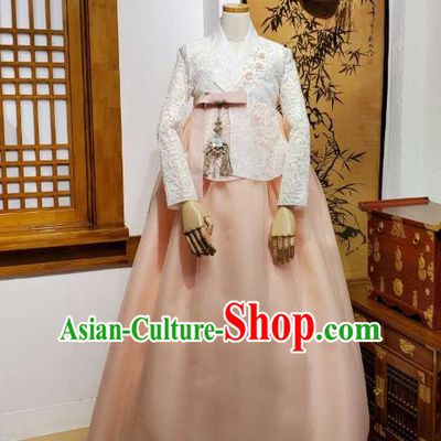 Korean Traditional Wedding White Lace Blouse and Pink Dress Korea Fashion Bride Costumes Hanbok Apparels for Women
