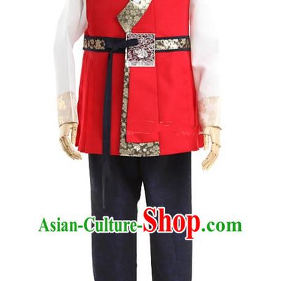 Asian Korea Men Embroidered Red Vest Shirt and Pants Korean Wedding Fashion Traditional Apparels Bridegroom Hanbok Costumes