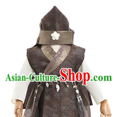 Asian Korea Boys Embroidered Brown Vest Shirt and Pants Korean Kids Fashion Traditional Apparels Hanbok Birthday Costumes