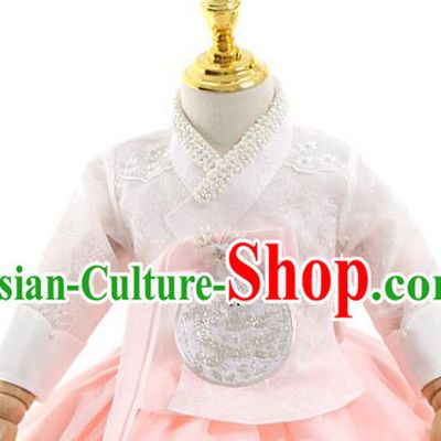 Asian Korea Girls Birthday White Blouse and Pink Dress Korean Kids Fashion Traditional Apparels Hanbok Costumes