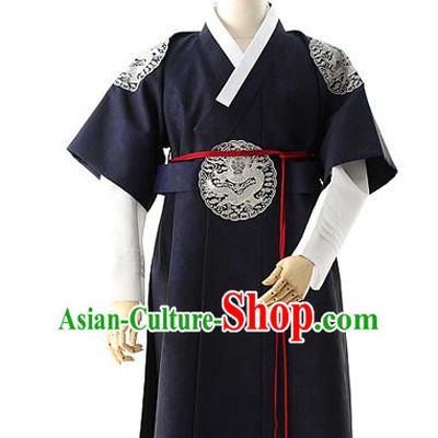 Asian Korea Court Prince Navy Vest Shirt and Pants Dress Korean Bridegroom Fashion Traditional Apparels Hanbok Wedding Costumes