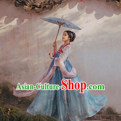 Chinese Ancient Palace Princess Costumes Traditional Tang Dynasty Hanfu Apparels White Blouse and Blue Dress Full Set