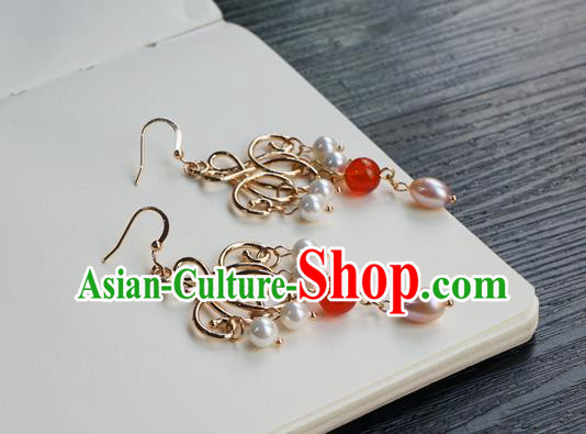 Handmade Chinese Women Hanfu Pearl Ear Accessories Ancient Court Eardrop Classical Golden Earrings Handmade Chinese Women Hanfu Pearl Ear Accessories Ancient Court Eardrop Classical Golden Earrings