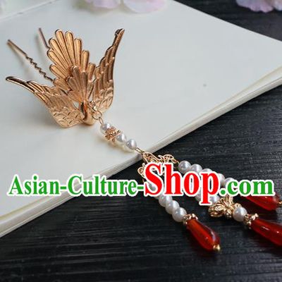 Chinese Classical Beads Tassel Hair Clip Hair Accessories Handmade Ancient Tang Dynasty Hanfu Golden Phoenix Hairpin for Women