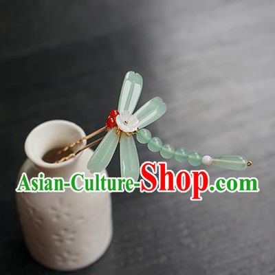 Chinese Classical Hair Clip Hair Accessories Handmade Ancient Hanfu Green Beads Dragonfly Hairpin for Women
