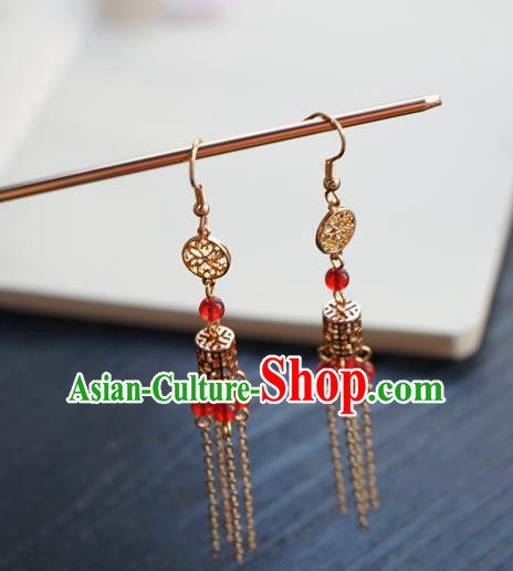 Handmade Chinese Women Golden Tassel Ear Accessories Classical Hanfu Red Beads Earrings Handmade Chinese Women Golden Tassel Ear Accessories Classical Hanfu Red Beads Earrings