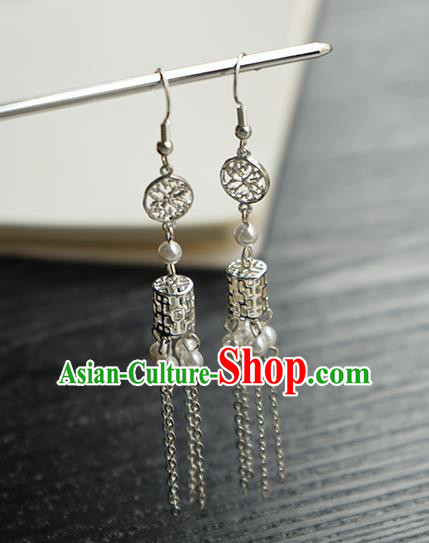 Handmade Chinese Women Argent Tassel Ear Accessories Classical Hanfu White Beads Earrings Handmade Chinese Women Argent Tassel Ear Accessories Classical Hanfu White Beads Earrings