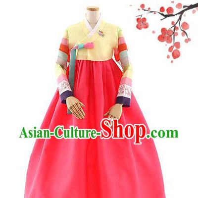 Korean Bride Hanbok Yellow Blouse and Red Dress Korea Fashion Wedding Costumes Traditional Festival Apparels for Women