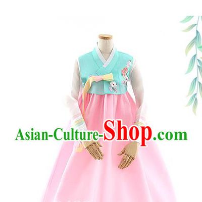 Korean Bride Hanbok Blue Blouse and Pink Dress Korea Fashion Wedding Costumes Traditional Festival Apparels for Women