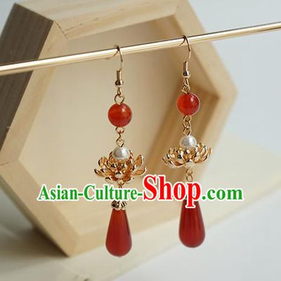 Handmade Chinese Classical Agate Ear Accessories Ancient Women Hanfu Court Golden Lotus Earrings