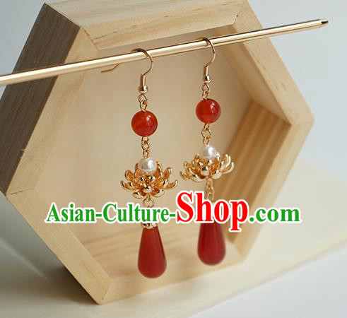 Handmade Chinese Classical Agate Ear Accessories Ancient Women Hanfu Court Golden Lotus Earrings Handmade Chinese Classical Agate Ear Accessories Ancient Women Hanfu Court Golden Lotus Earrings