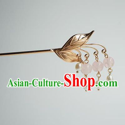 Chinese Hanfu Classical Pearls Tassel Hair Accessories Handmade Ancient Princess Golden Leaf Hairpins for Women