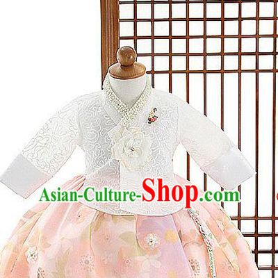 Asian Korea Girls White Blouse and Pink Dress Korean Kids Fashion Traditional Hanbok Apparels Birthday Costumes