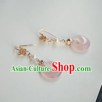 Handmade Chinese Ear Accessories Ancient Women Hanfu Classical Cheongsam Pink Ring Earrings