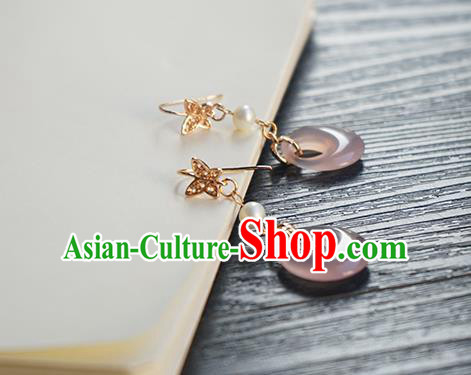 Handmade Chinese Ear Accessories Ancient Women Hanfu Classical Cheongsam Pink Ring Earrings