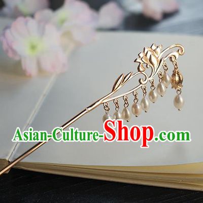 Chinese Classical Hanfu Golden Orchid Tassel Step Shake Hair Accessories Handmade Ancient Song Dynasty Pearls Hairpin for Women
