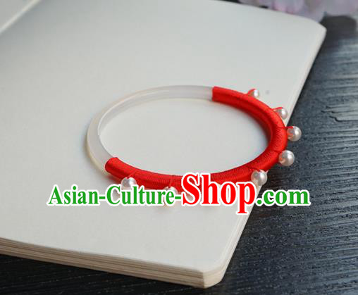Chinese Classical White Chalcedony Bracelet Jewelry Accessories Ancient Hanfu Red Rope Bangle Chinese Classical White Chalcedony Bracelet Jewelry Accessories Ancient Hanfu Red Rope Bangle
