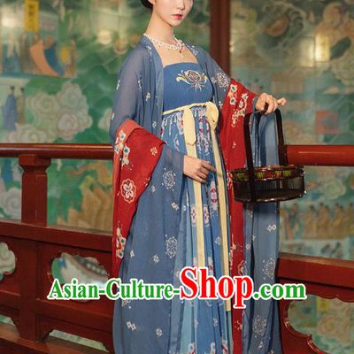 Chinese Tang Dynasty Imperial Concubine Costumes Ancient Court Woman Blue Cape and Dress Traditional Hanfu Apparels